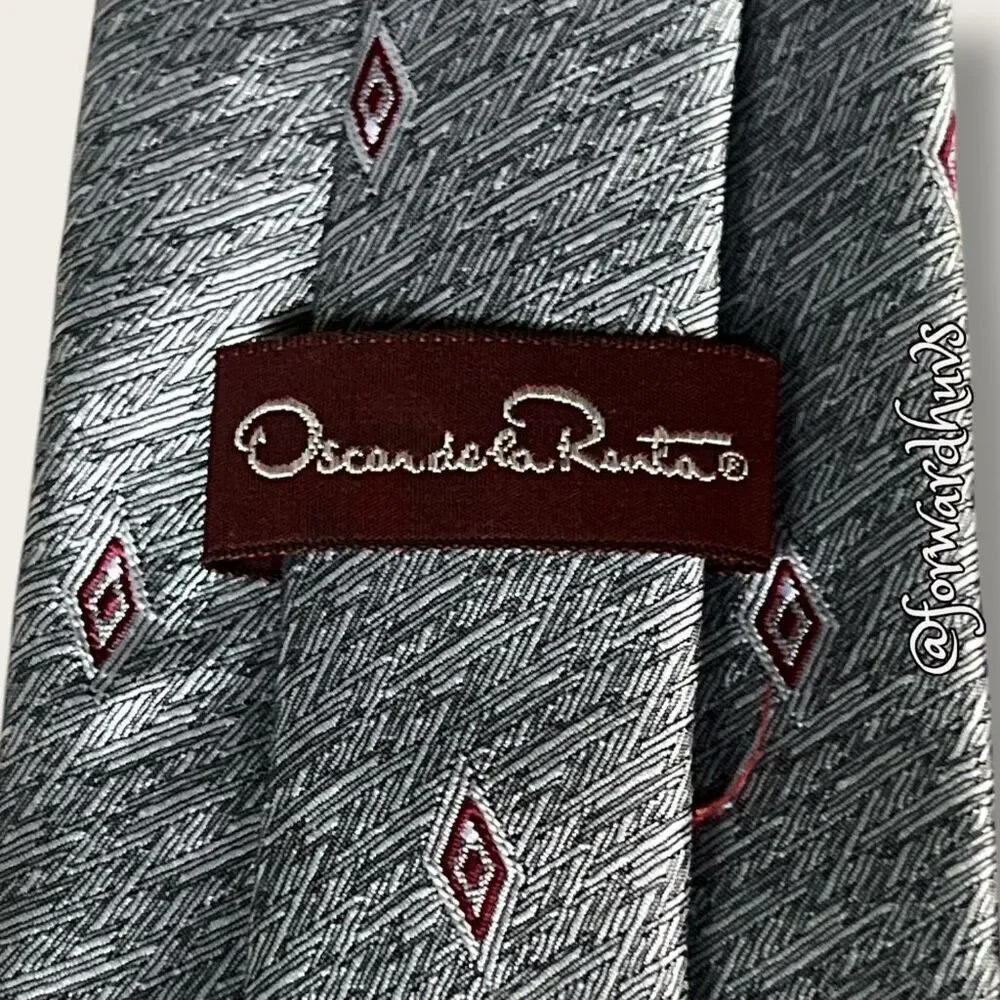Oscar de la Renta Vintage Shiny Silver Necktie with Red Highlights